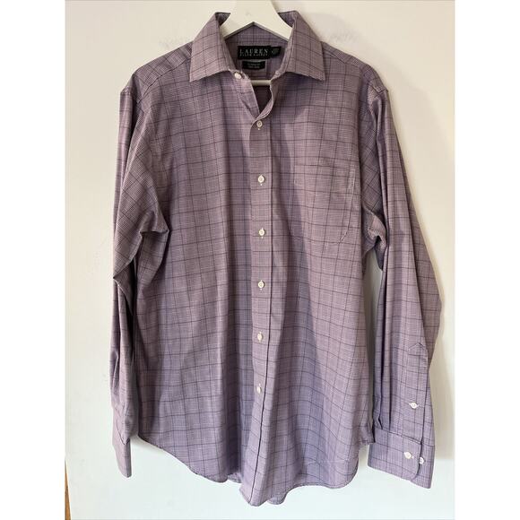 Lauren Ralph Lauren Men Classic Fit Non-Iron Button Up Plaid Shirt 16 34/35 Plum - Picture 1 of 16